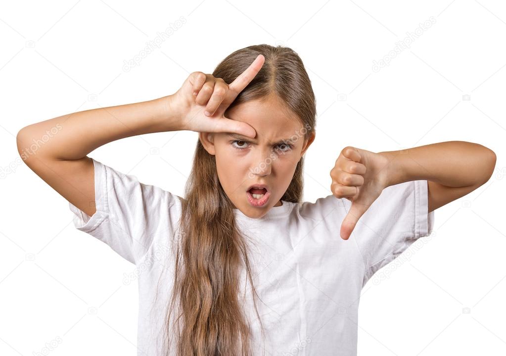 teenager girl showing loser sign giving thumbs down 
