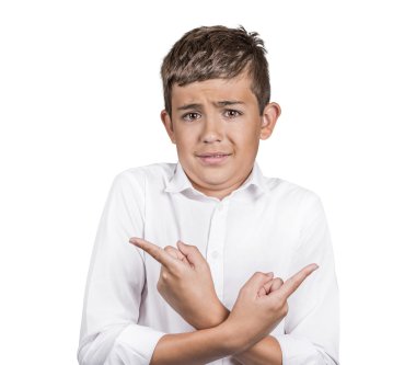 confused young man pointing in two different directions clipart