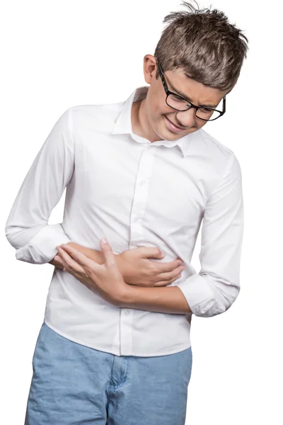 Homem jovem, dobrando na dor aguda do estômago do corpo — Fotografia de Stock