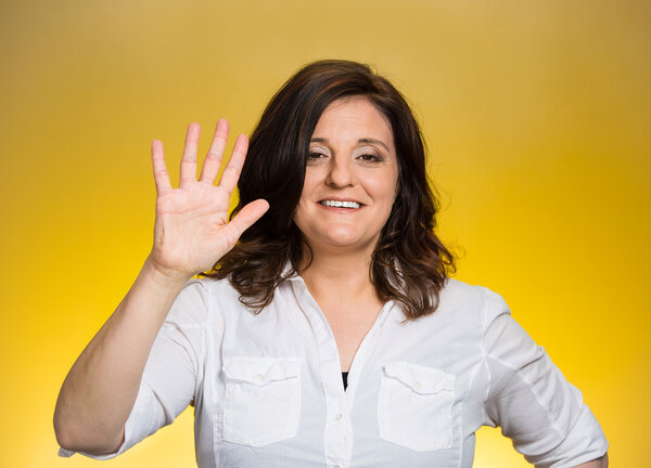 woman making five times sign gesture