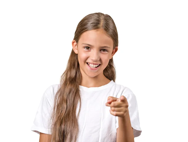 Chica señalando dedo riendo — Foto de Stock