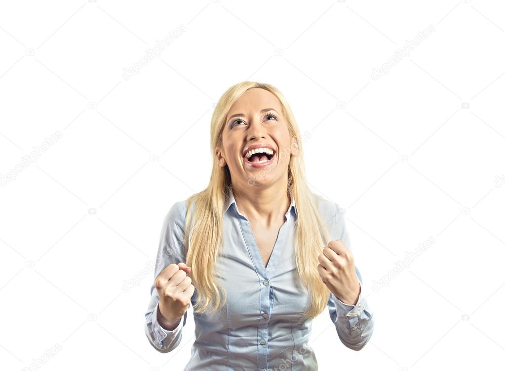 happy blonde woman exults pumping fists ecstatic celebrates success