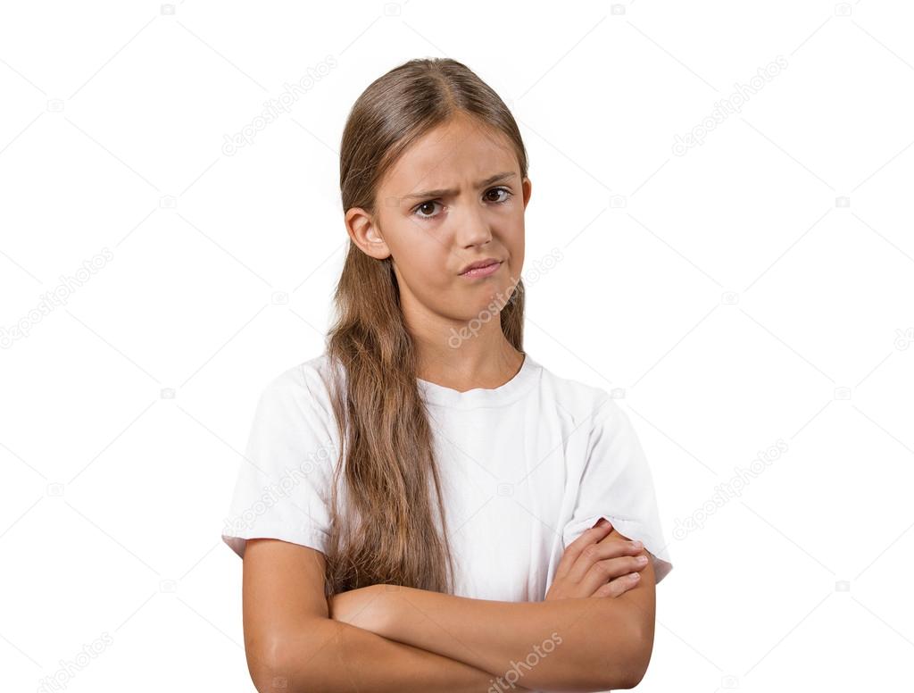 skeptical girl looking suspicious disgust on face