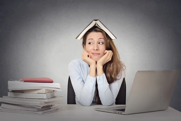 Bored woman, funny looking student with book on head — Stock Photo, Image