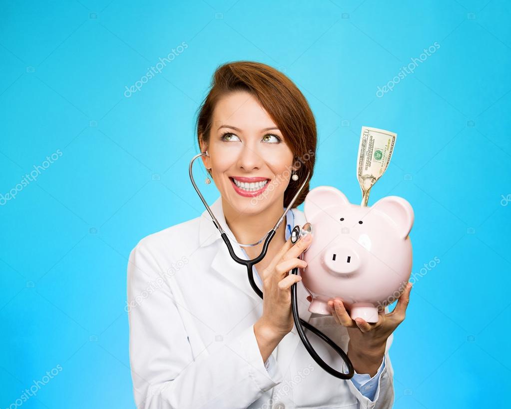 health care professional with piggy bank