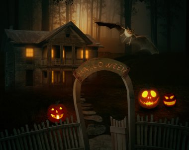 scary creepy Jack O'Lantern in a spooky backyard of a farmhouse.