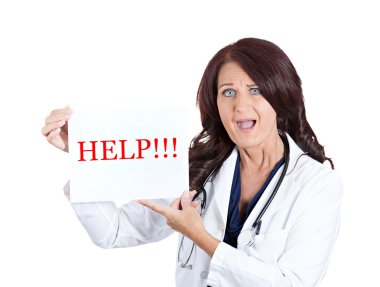 stressed doctor holding help sign clipart