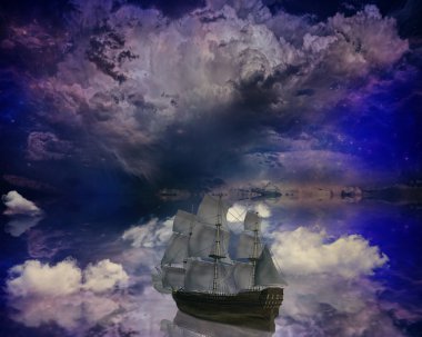 Vintage klasik eski yelkenli üzerinde bir hayal gerçeküstü yıldız manzarası