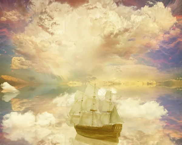 Vintage classic old sailboat on a dreamland surrealistic star skyline — Stock Photo, Image