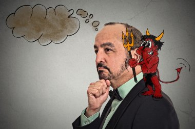 middle aged guy with sketched devil on his shoulder whispering in his ear  clipart