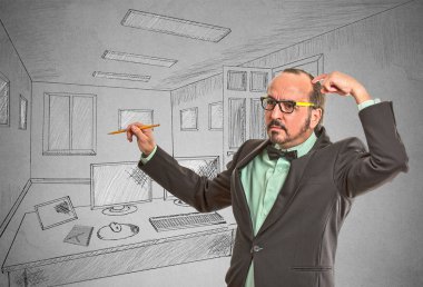 adam grafik tasarımcı ile gelecekteki dairenin kalem kalem kroki çizim
