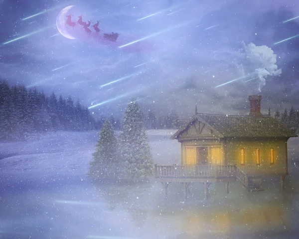 Wintersturmhaus am See mit fliegendem Weihnachtsmann, der an Heiligabend Geschenke ausliefert — Stockfoto