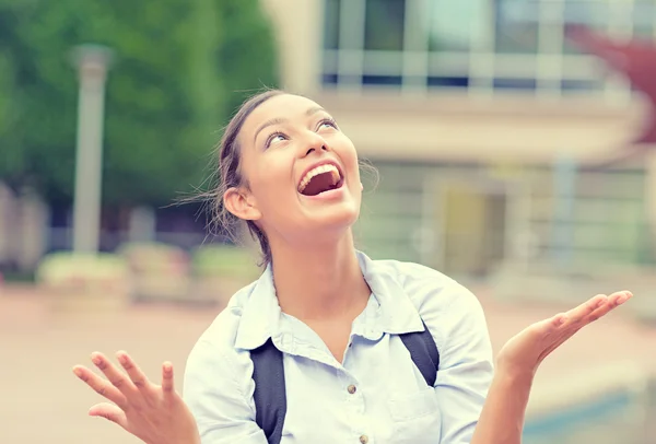 Successful happy business woman with arms up celebrating victory — Stock Photo, Image