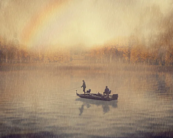 landscape image man and old guy fishing in a boat