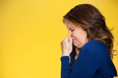 woman covers pinches her nose something stinks clipart