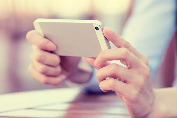 Woman hands holding, using smart, mobile phone — Stock Photo, Image