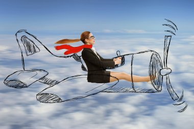 aviator woman with scarf and glasses flying designed airplane