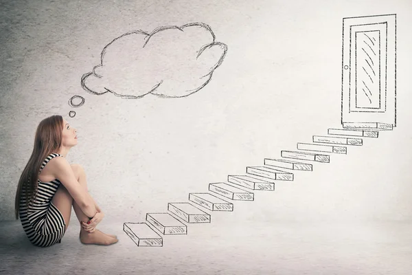 Thoughtful woman sitting in front ladder stairways leading to closed office door — Stock Photo, Image