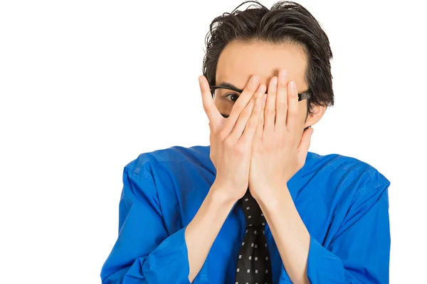 Shy timid man covering face with hands with space to peek through — Stock Photo, Image