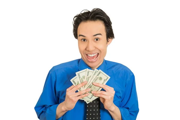 Happy excited successful young business woman holding money dollar bills — Stock Photo, Image