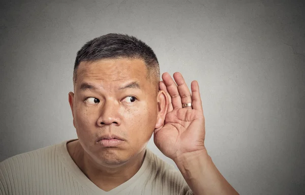 Curious middle ged man listening to conversation news eavesdropping — Stock Photo, Image