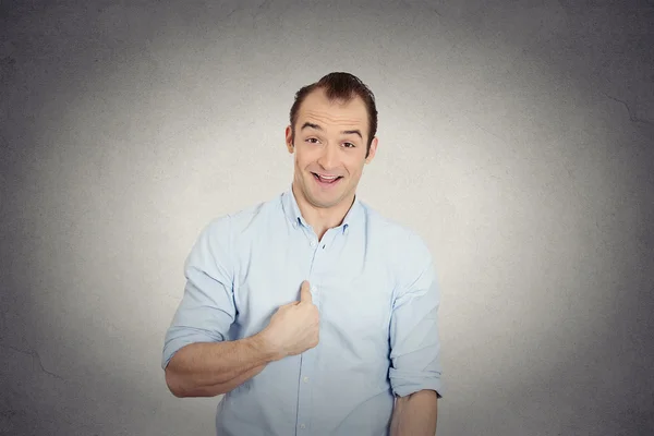 Surprised business man, funny looking guy asking question you talking to me — Stock Photo, Image