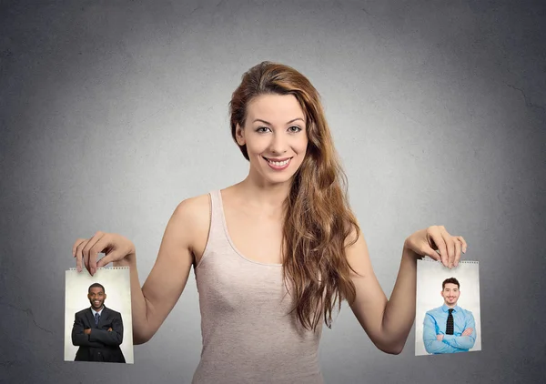 Beautiful woman undecided about which man to choose. Human emotions — Stock Photo, Image