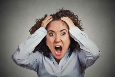 frustrated shocked business woman pulling hair out yelling clipart