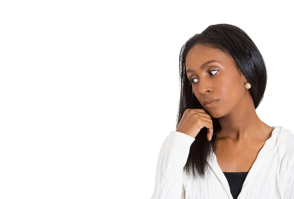 Unhappy sad stressed woman looking down away thinking — Stock Photo, Image