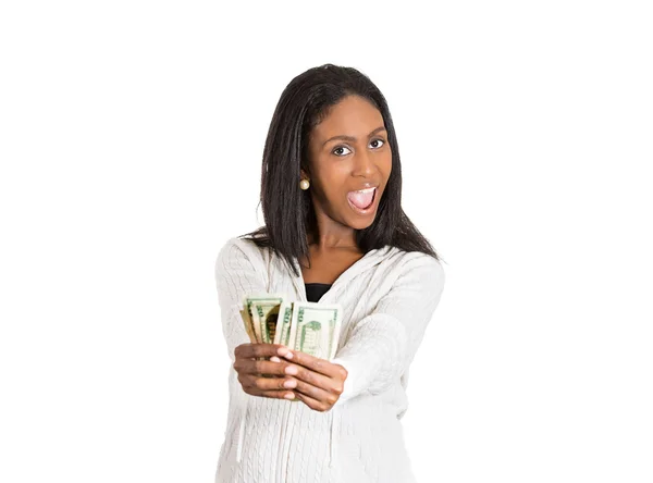 Mutlu başarılı genç kadın holding para heyecanlı — Stok fotoğraf