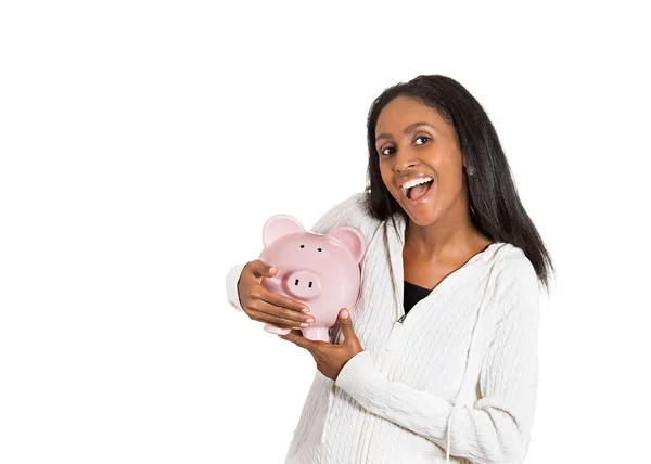 Happy business woman, bank employee holding piggy bank — Stock Photo, Image