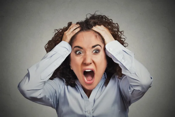 Frustré choqué femme d'affaires tirant les cheveux en criant — Photo