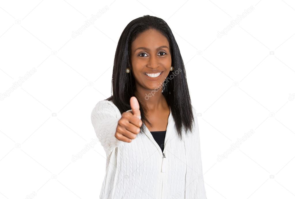 friendly pleased middle aged smiling woman giving thumbs up