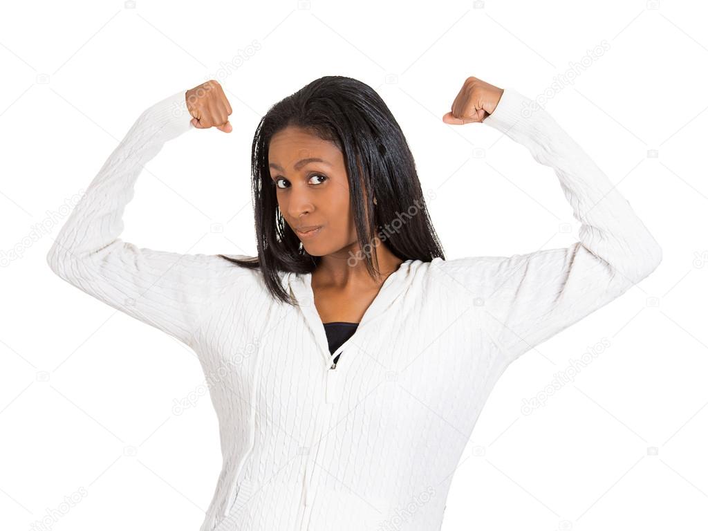 middle aged healthy model woman flexing muscles 