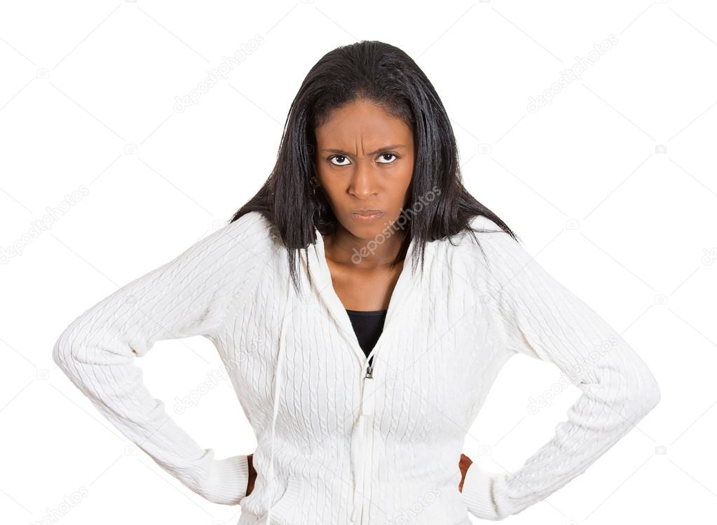 portrait angry pissed off woman on white background. Negative emotion 