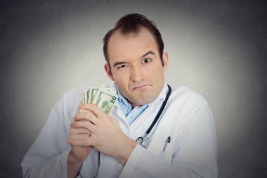Grumpy greedy miserly health care professional holding money clipart