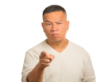 Kızgın adam biri beyaz arka plan üzerinde izole, onun parmak işaret