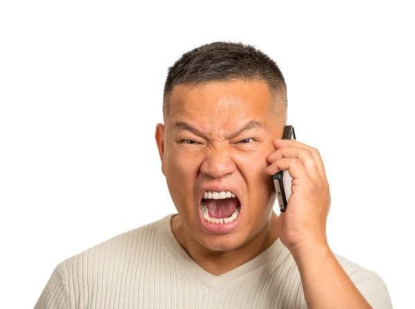 Wütender Mann mittleren Alters angepisst Mitarbeiter schreit, während am Telefon — Stockfoto
