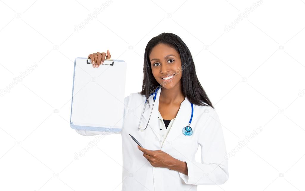 health care professional doctor holding blank clipboard pointing with pen
