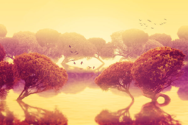 Мирный пейзаж японских садов
