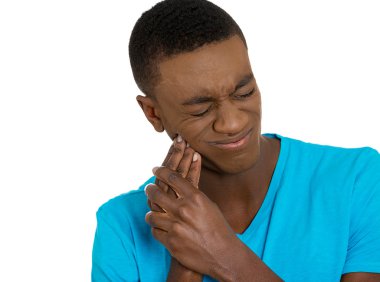 sad young man, worker touching face having bad pain, tooth ache clipart