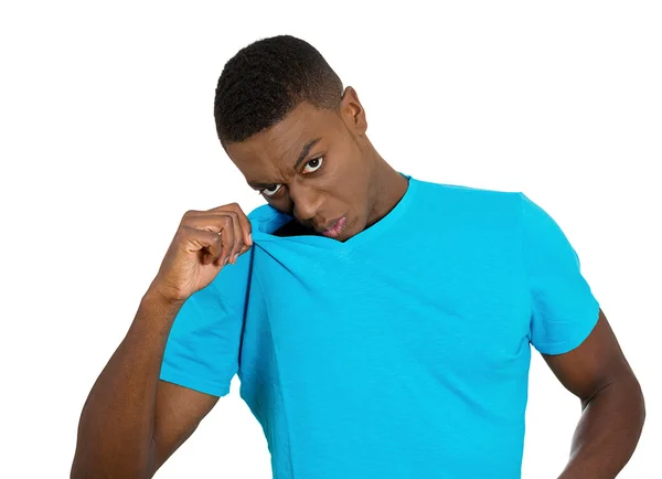 Man, Smelling sniffing Armpit, sweating something Stinks — Stock Photo, Image