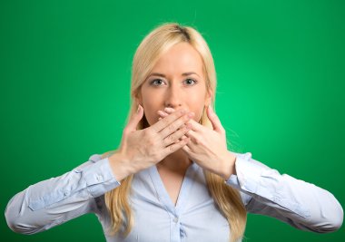 woman covering closed mouth with hands clipart