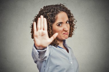 annoyed angry woman giving talk to hand gesture clipart