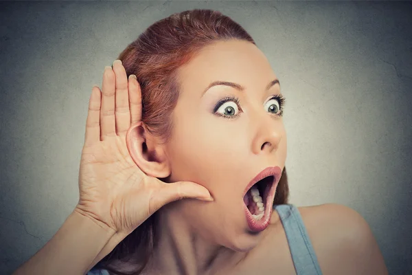 Nosy shocked woman listening eavesdropping — Stock Photo, Image