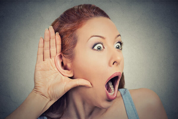 nosy shocked woman listening eavesdropping 