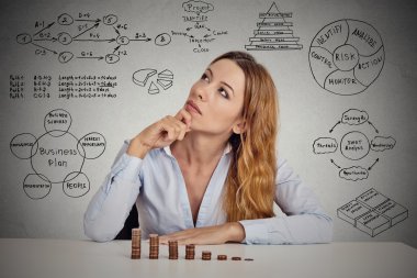 businesswoman calculating risks of new project implementation clipart