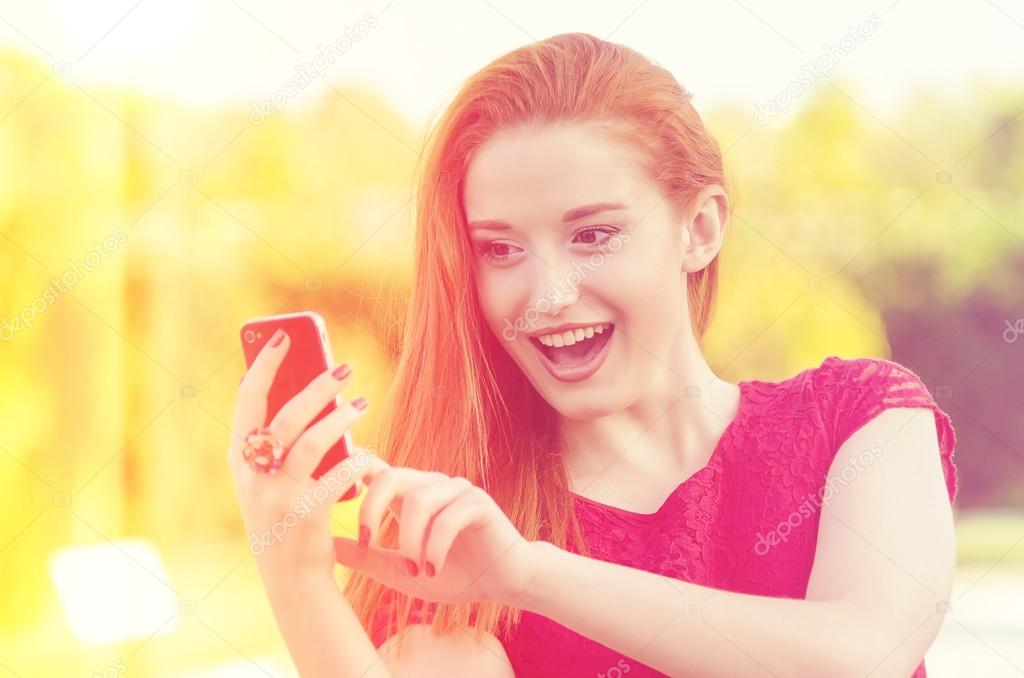 happy, cheerful, girl, excited texting on cell phone