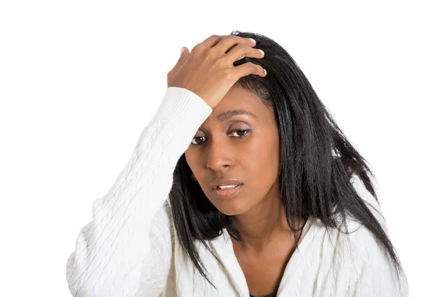 Closeup portrait stressed woman with headache holding head — Stock Photo, Image