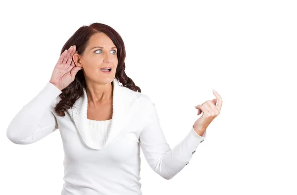 Curious woman hand to ear gesture eavesdropping — Stock Photo, Image